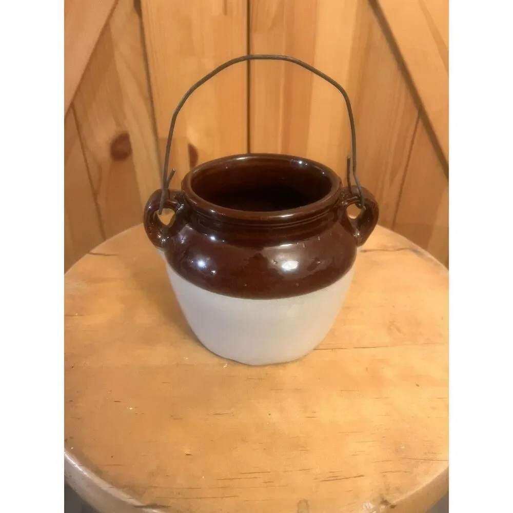 Vintage Bean Pot Ceramic Stoneware Crock Brown Cream Double Loop Handle (7543)